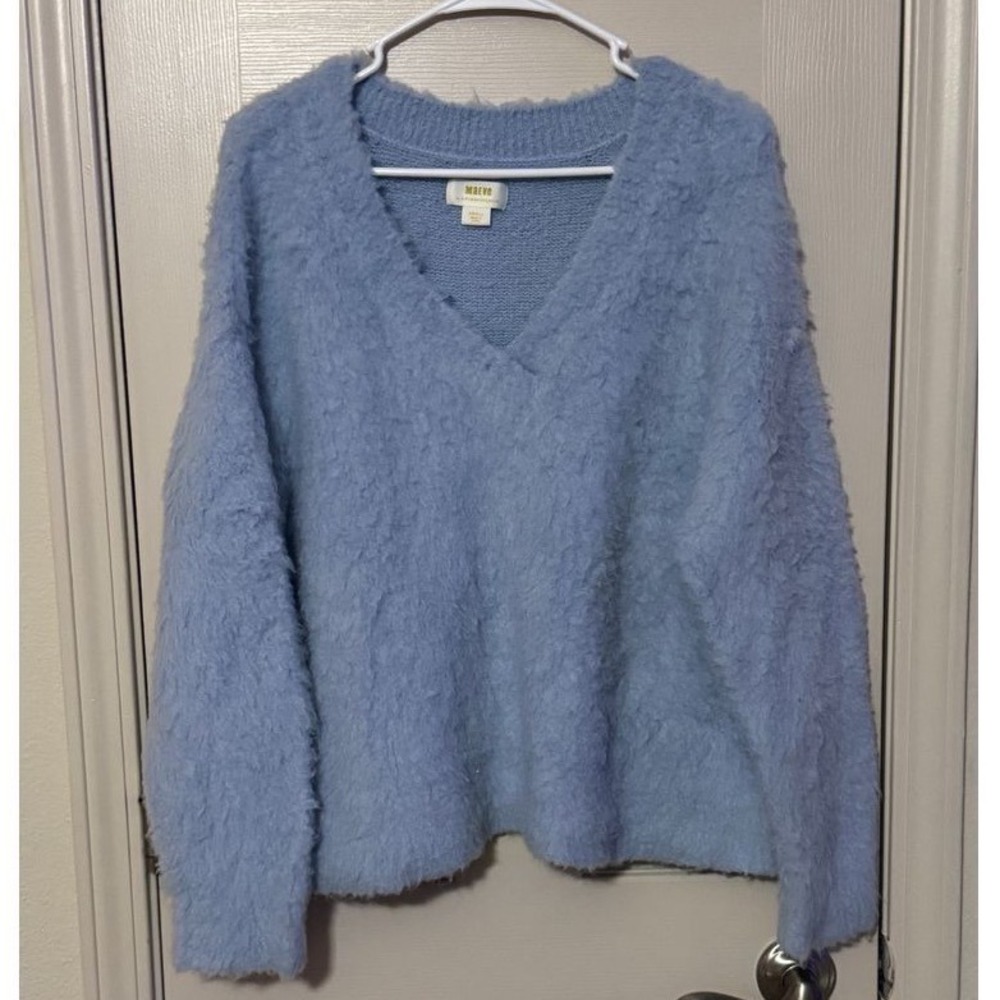 Maeve Anthropologie Blue Fuzzy Wool Blend V-Neck Eyelash Knit Sweater Small j2